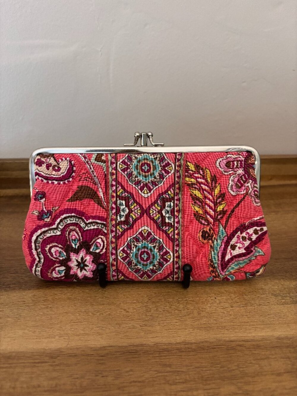 Vera Bradley Call Me Coral Pink Floral Kiss Lock Quilted Wallet